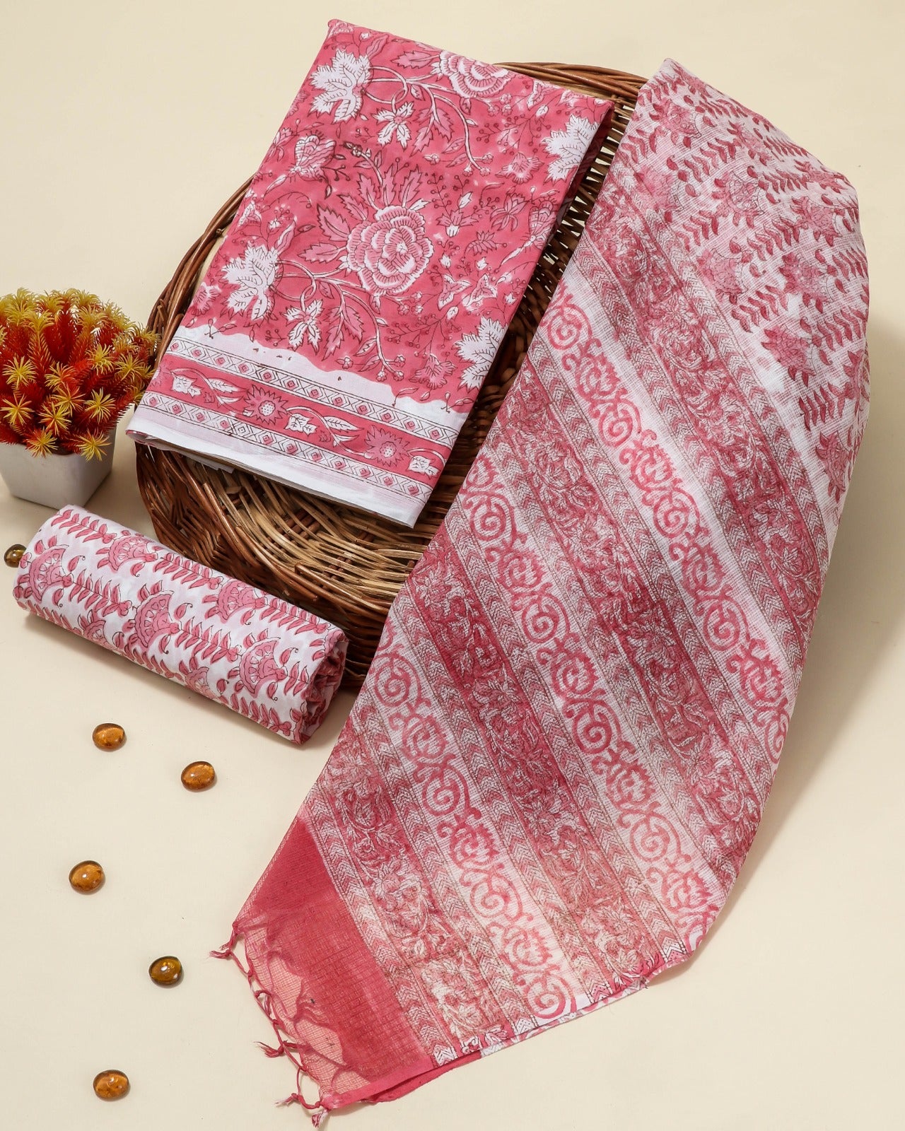 Shop unstitched hand block print kota doria dupatta cotton suits (3CKD42)
