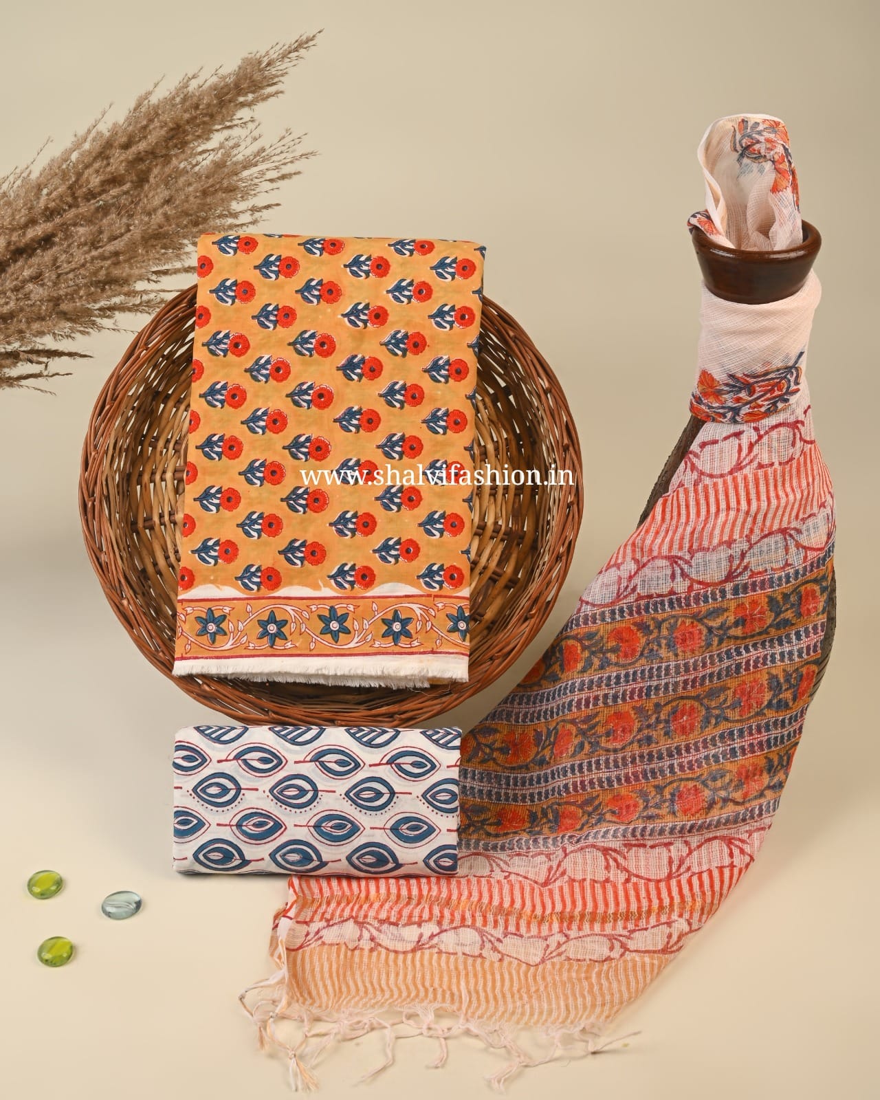 Shop unstitched block print cotton suits with kota dupatta (3CKD439)