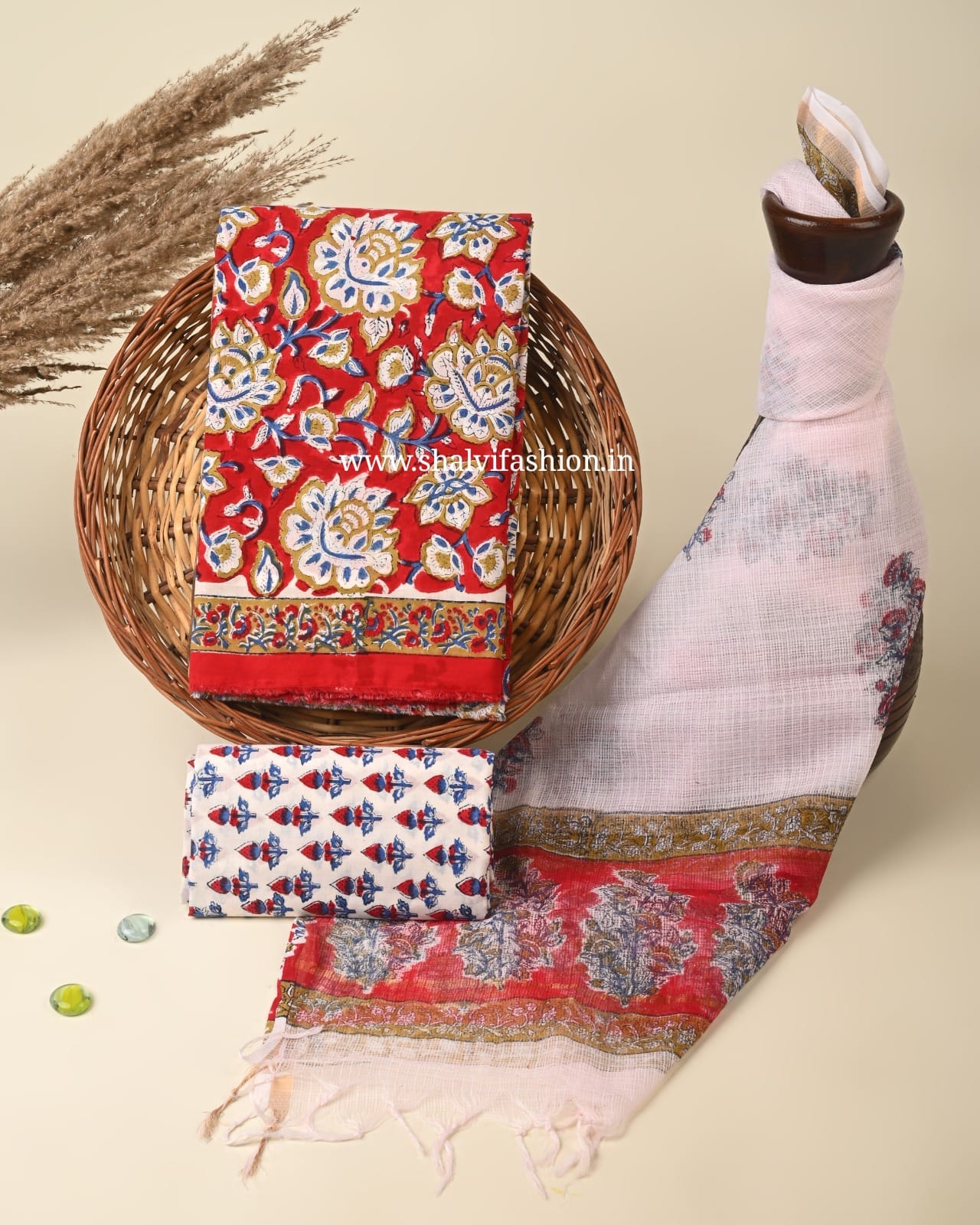 Shop unstitched block print cotton suits with kota dupatta (3CKD454)