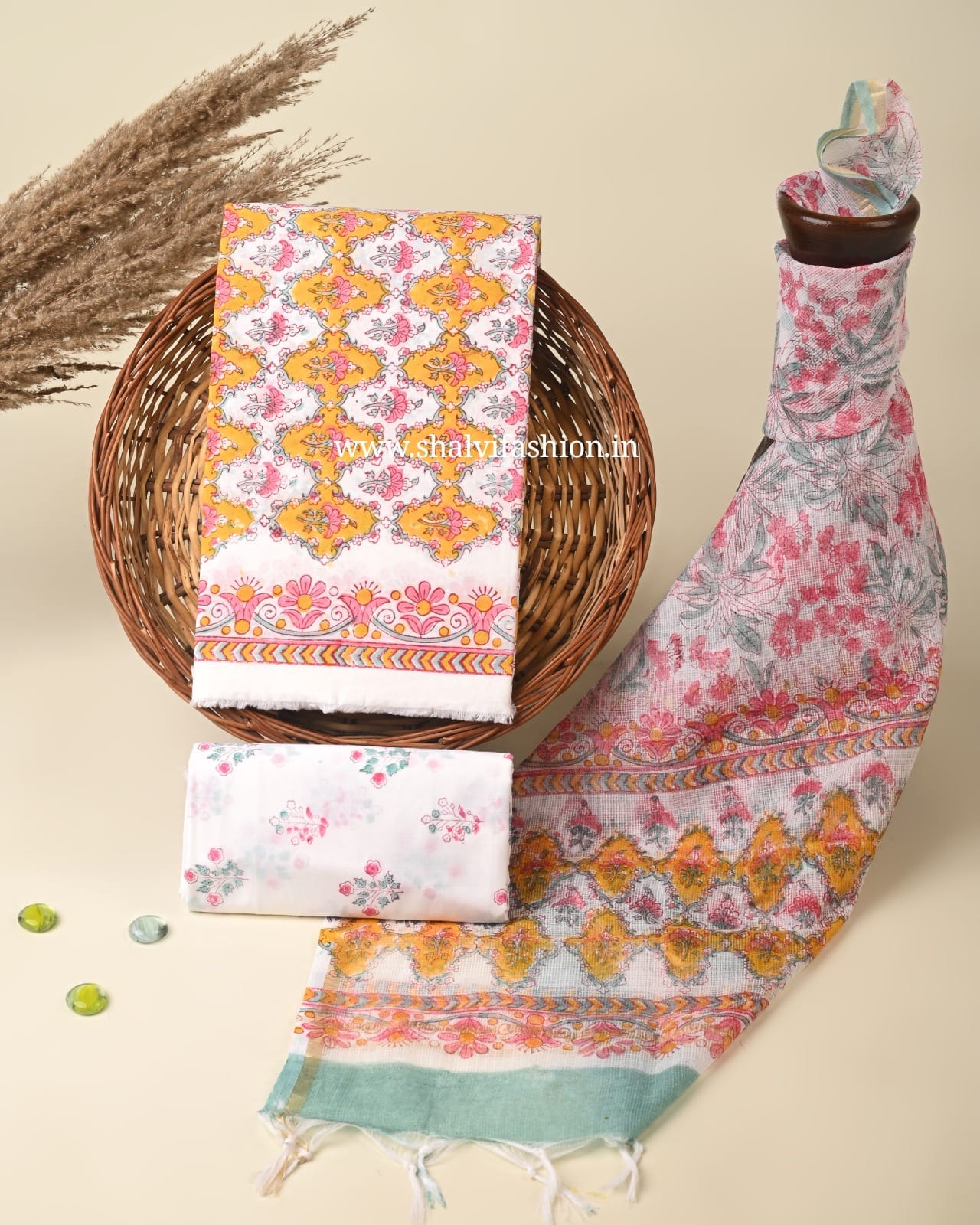 Shop block print cotton suits with kota dupatta (3CKD456)