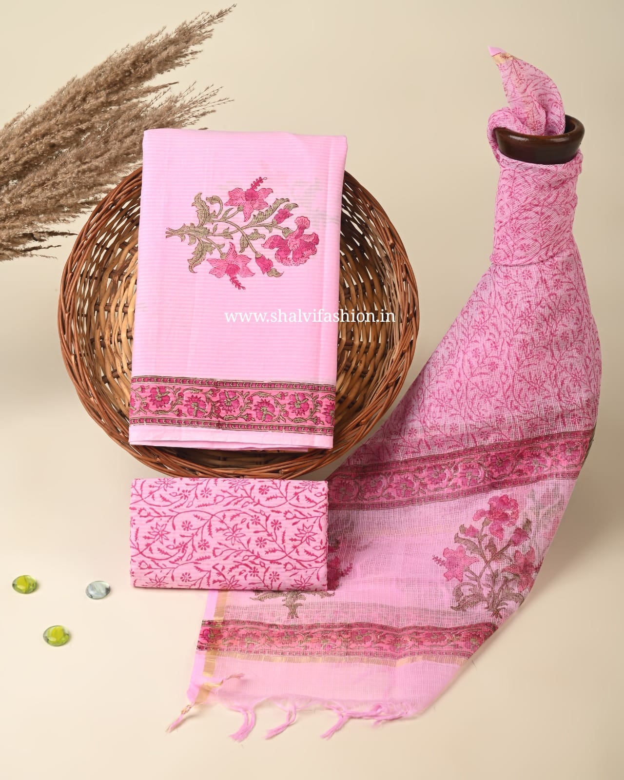 Shop sanganeri print cotton suits with kota dupatta (3CKD460)