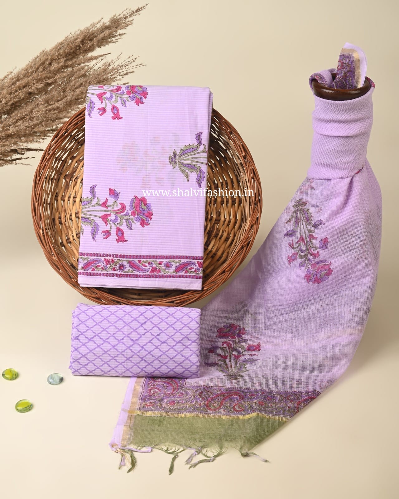 Shop unstitched block print textured line cotton suits (3CKD461)