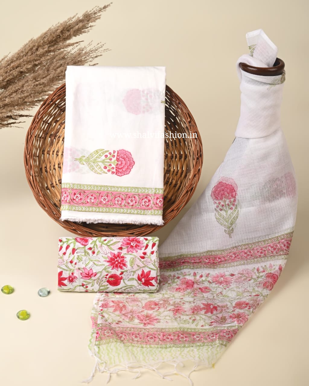 Shop hand block printed cotton suits with kota dupatta (3CKD462)