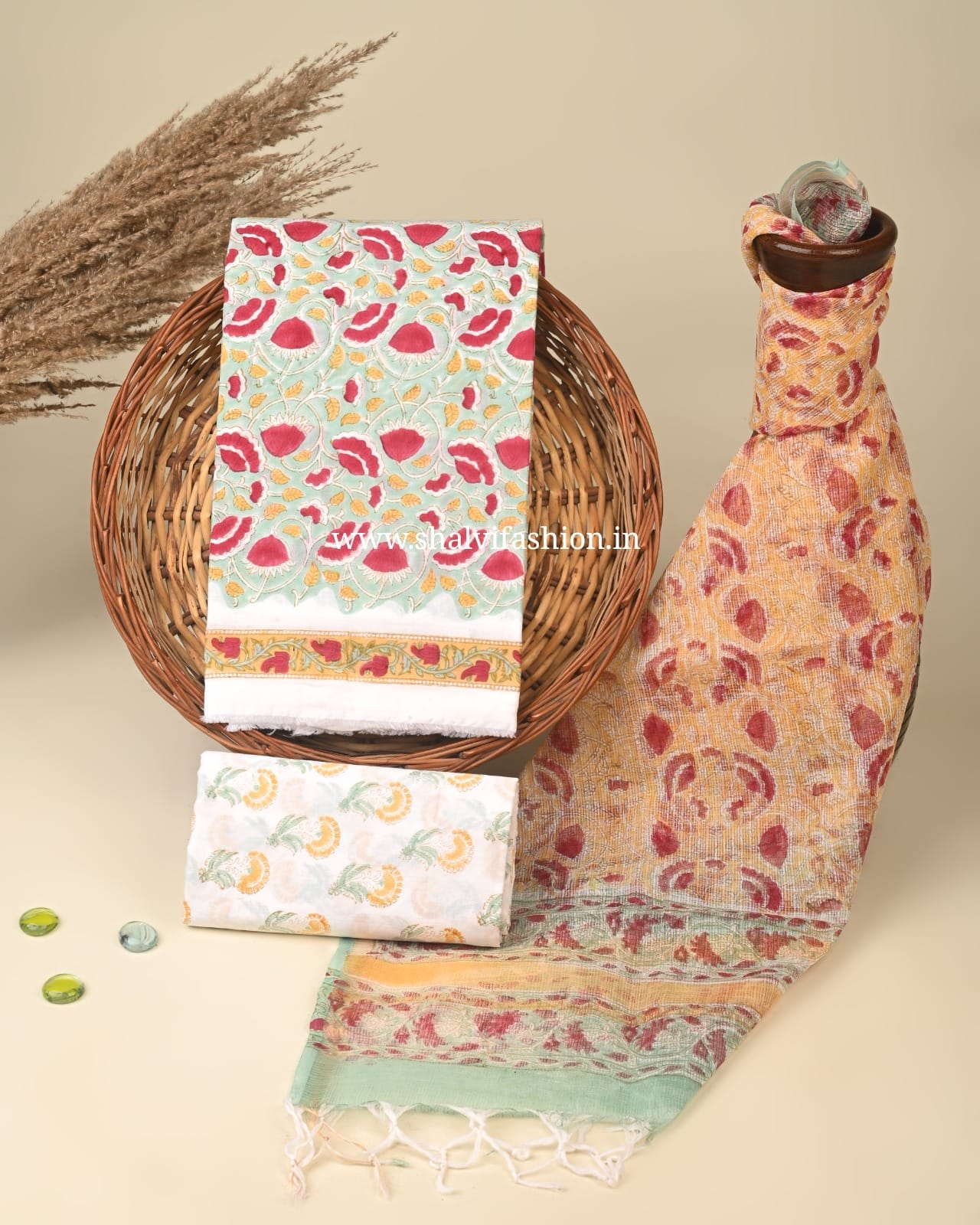 Shop hand block print cotton suits with kotra dupatta (3CKD466)