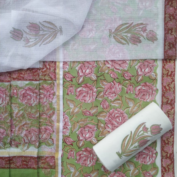 shop hand block print cotton suit with kota doria dupatta (3CKD495)