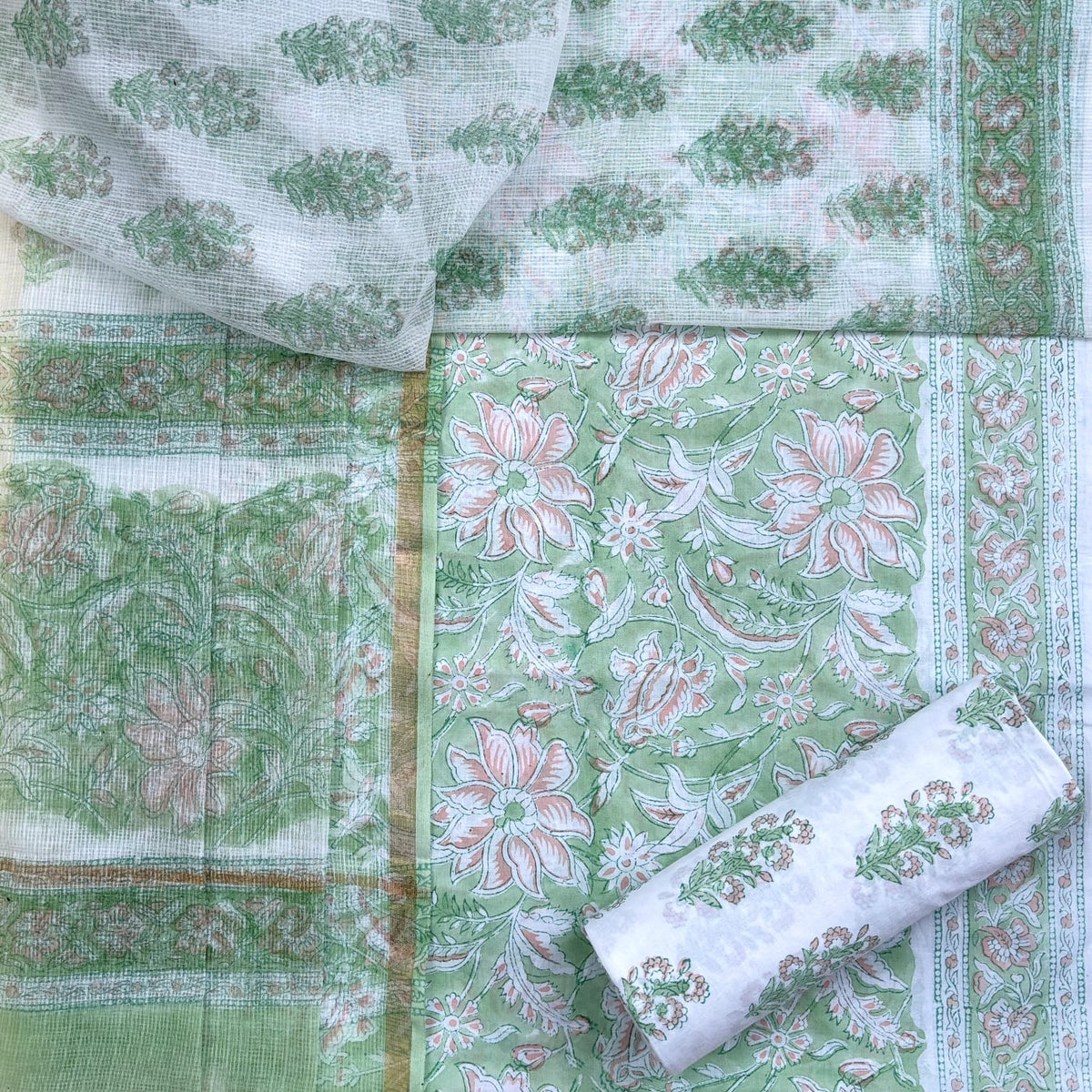 Shop hand block print cotton dress material with kota doria dupatta (3CKD506)