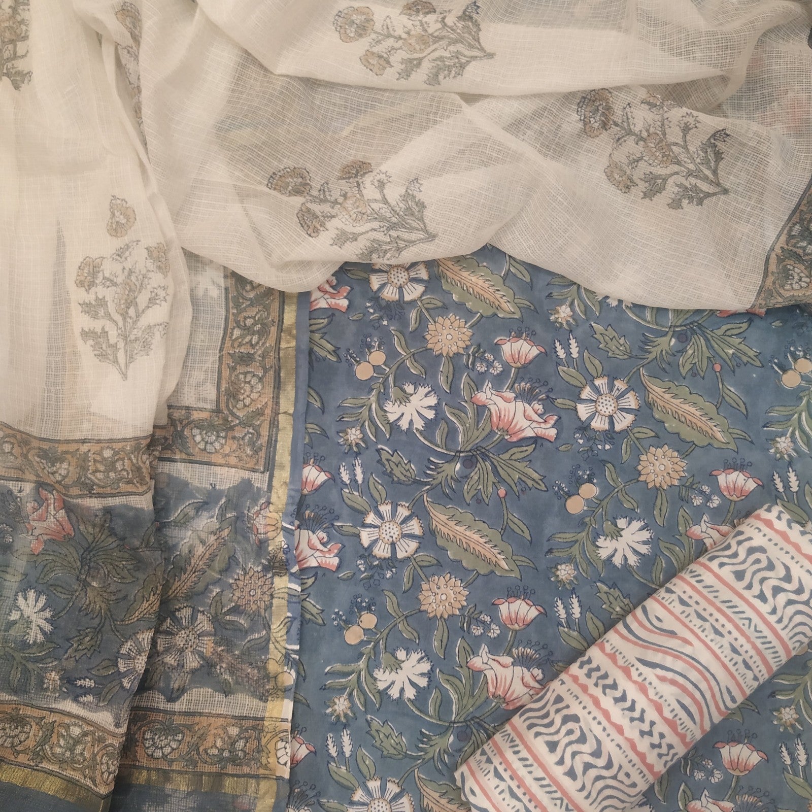 Shop Unstitched Hand Block Print Pure Cotton Suits with Kota Doria Dupatta