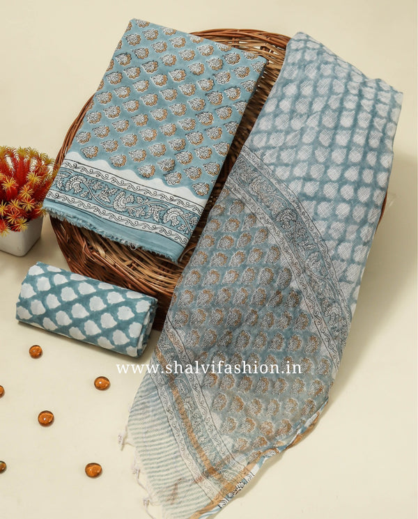 Shop hand block printed cotton suits with kota dupatta (3CKD728)
