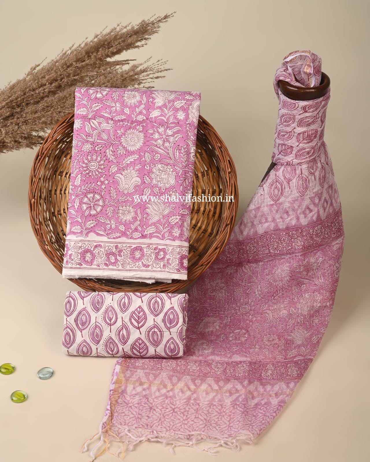 Shop block print cotton suits with kota doria dupatta (3CKD768)