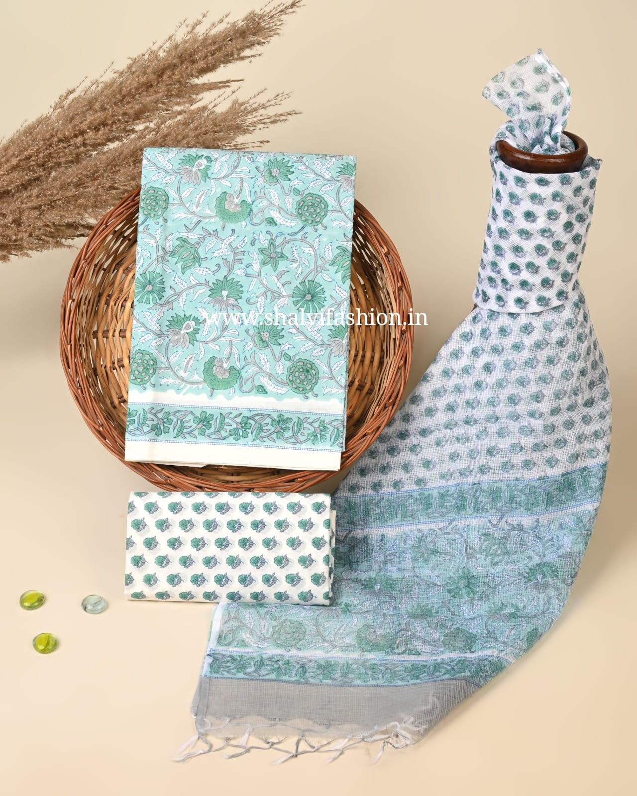 Shop block print cotton suits with kota doria dupatta (3CKD772)