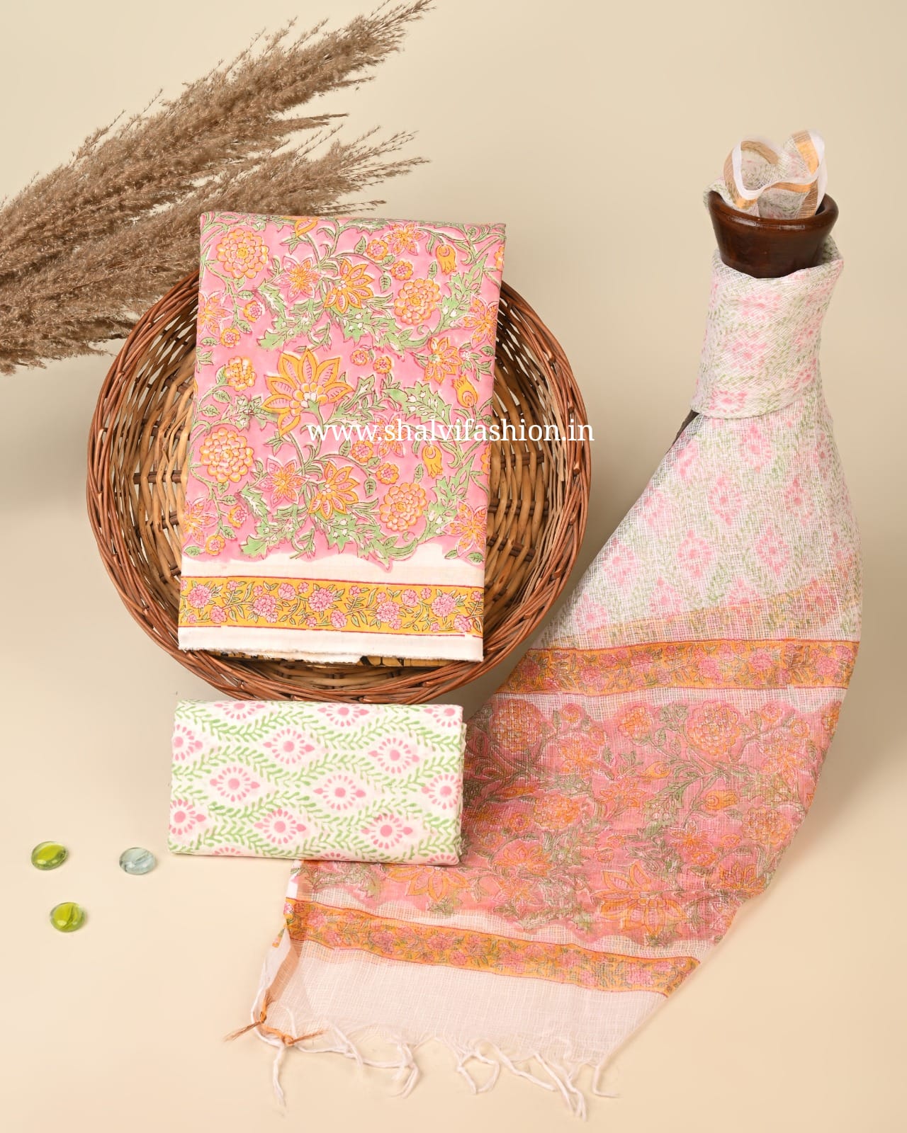 Shop jaipuri block print cotton suits with kota dupatta (3CKD774)