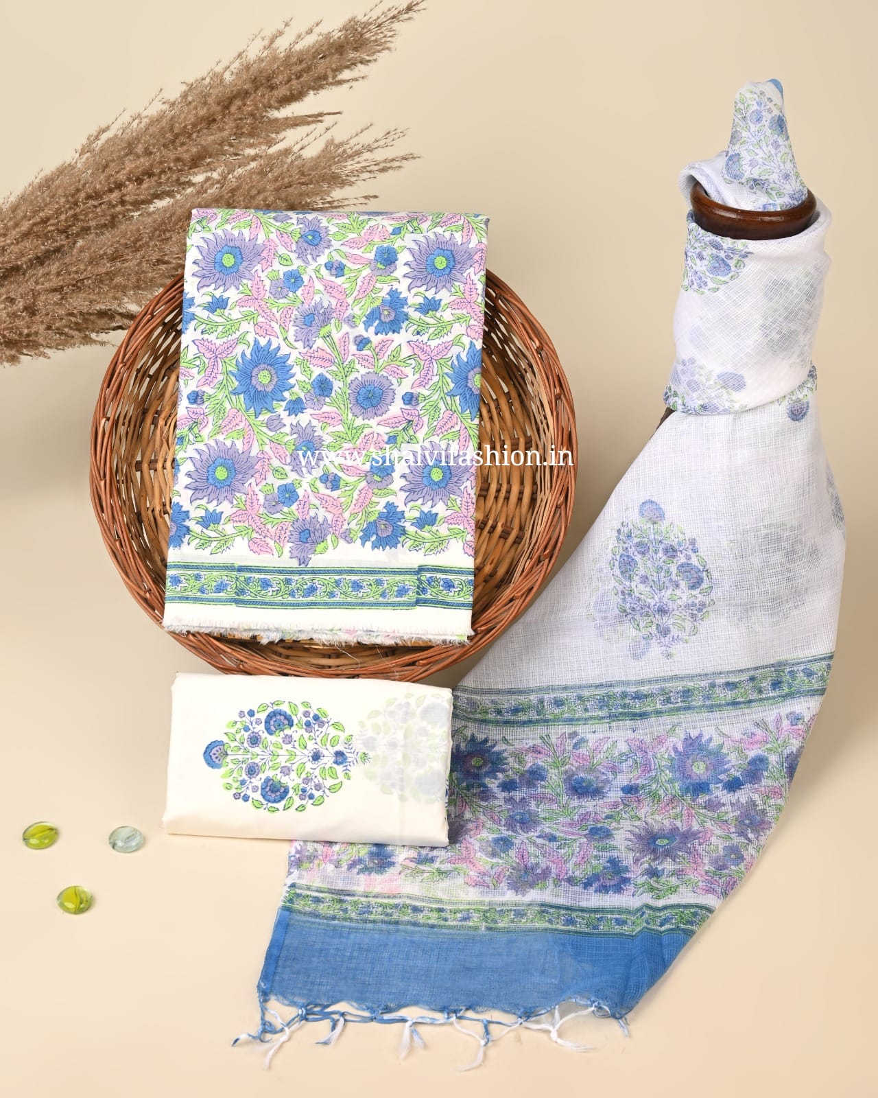 Shop sanganeri printed cotton suits with kota dupatta (3CKD779)