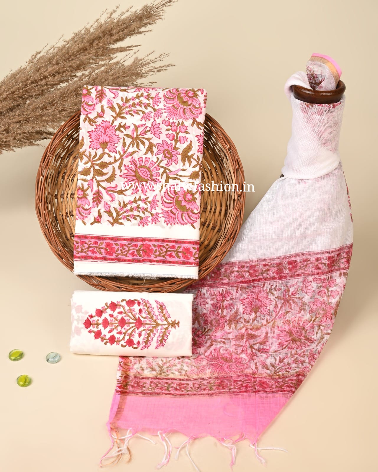 Shop hand block printed cotton suits with kota dupatta (3CKD782)