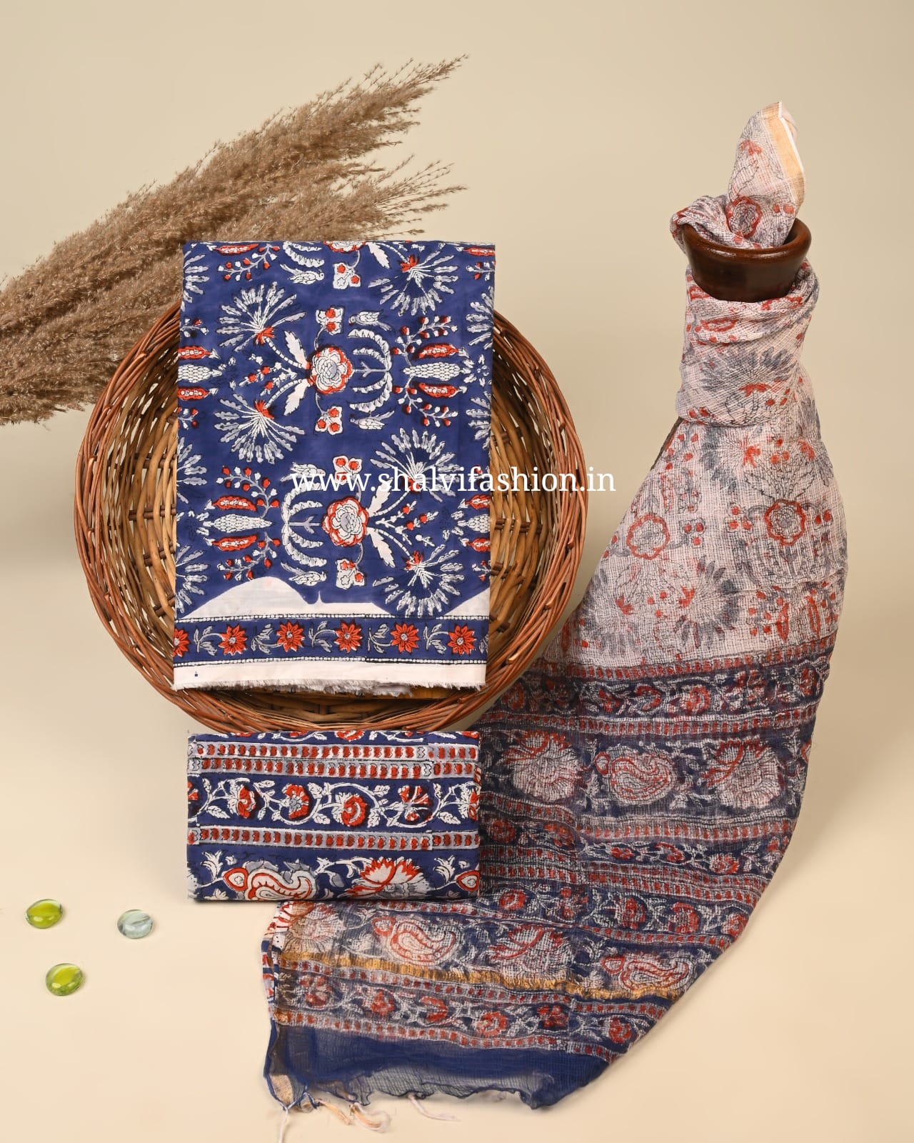 Shop block print cotton suits with kota dupatta (3CKD787)