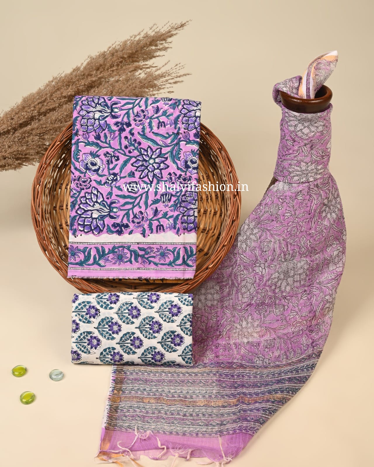 Shop block printed cotton suits with kota doria dupatta (3CKD788)