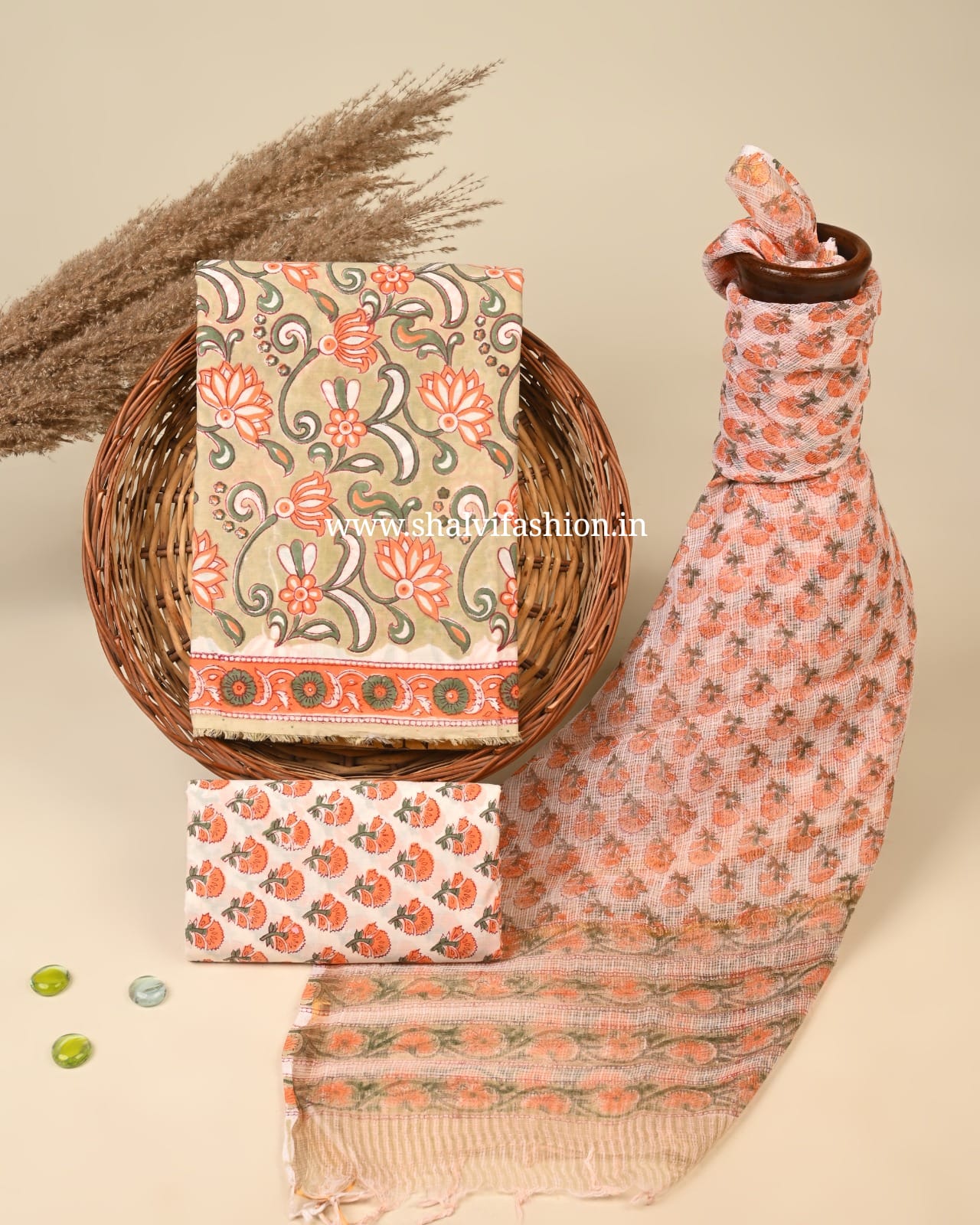 Shop jaipuri block print cotton suits with kota dupatta (3CKD789)