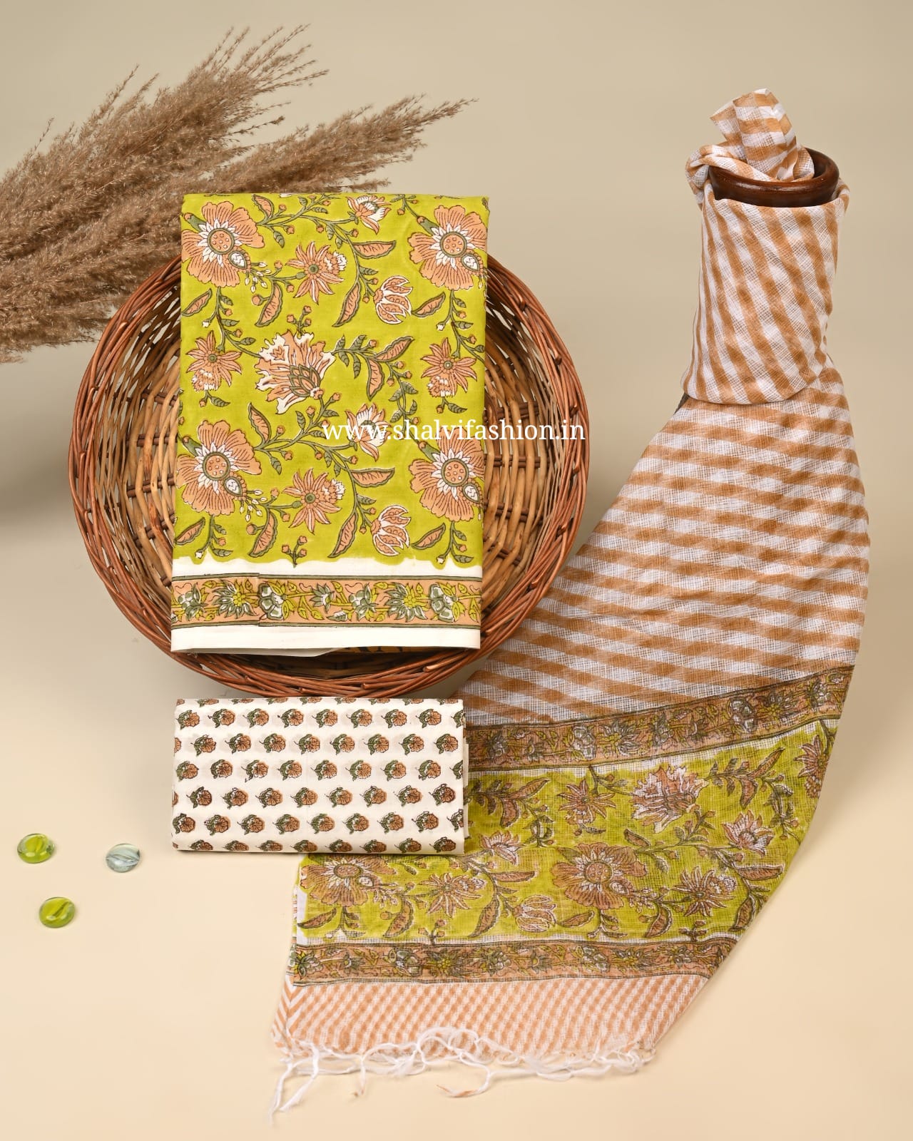 Shop hand block printed cotton suits sets with kota dupatta (3CKD793)