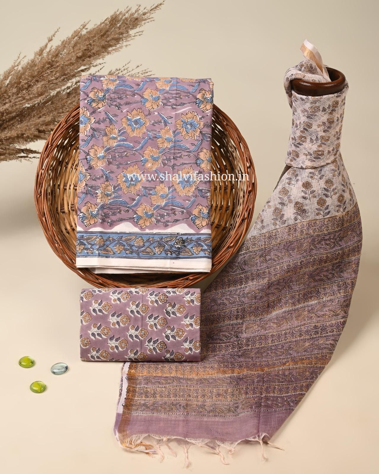 Shop unstitched block printed cotton suits online (3CKD797)