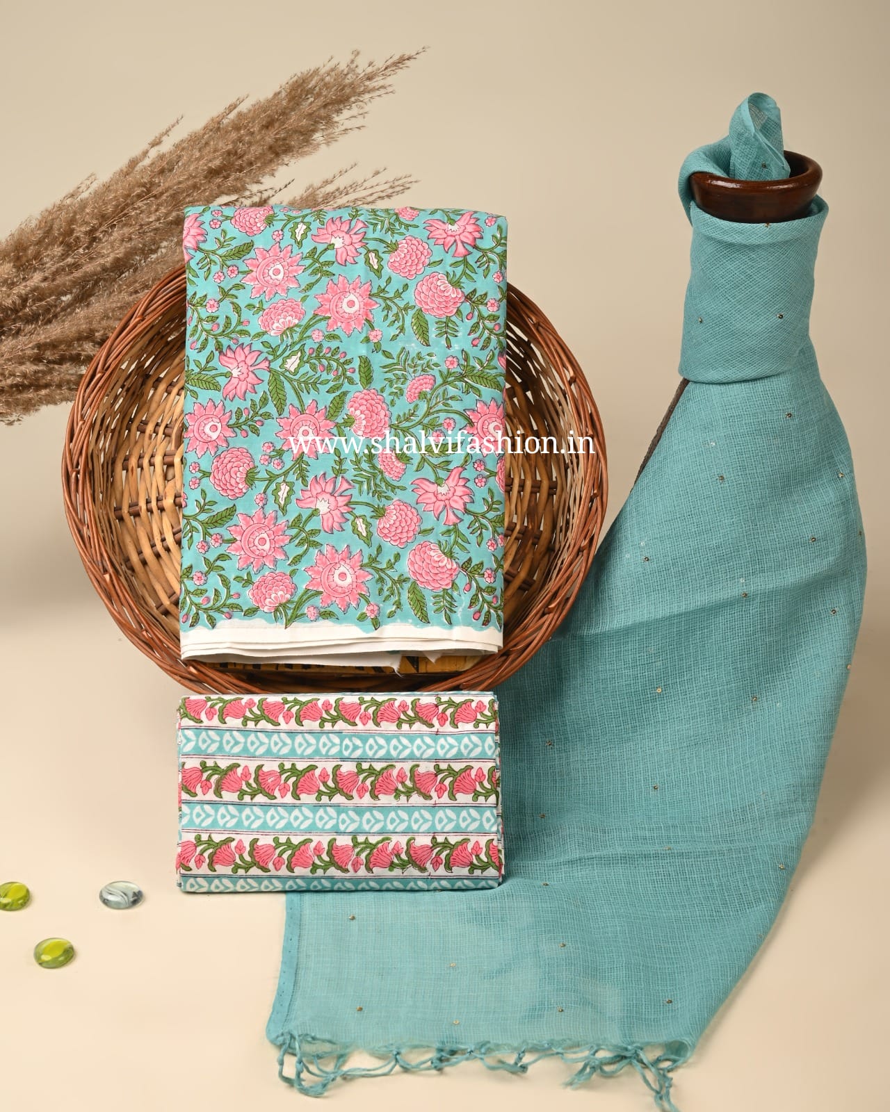 Shop jaipuri block print cotton suits with kota dupatta (3CKD806)