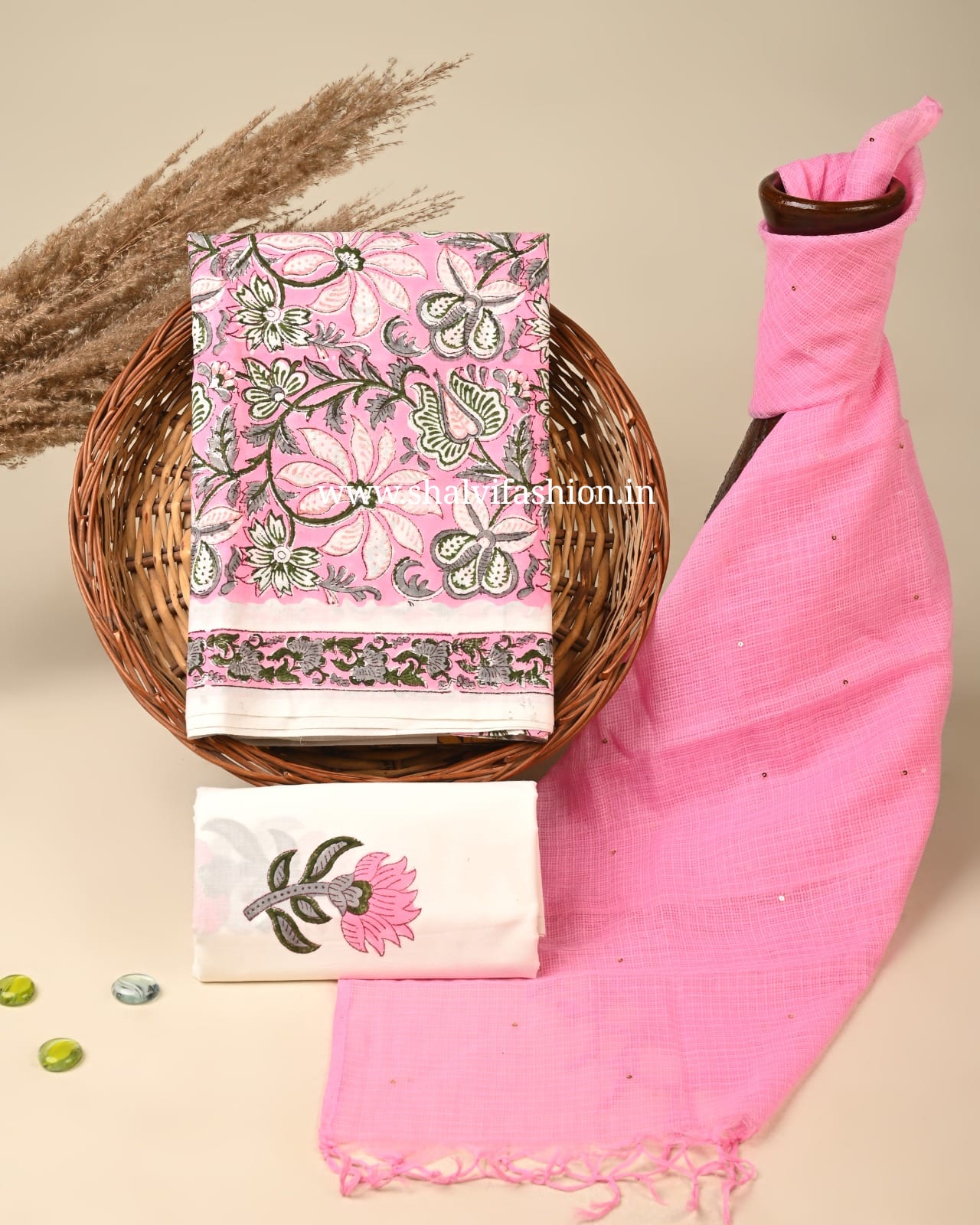 Shop block printed cotton suits with kota dupatta (3CKD809)