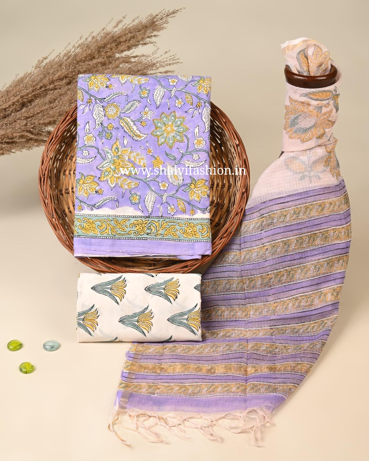 Shop block printed cotton suits with kota dupatta (3CKD812)