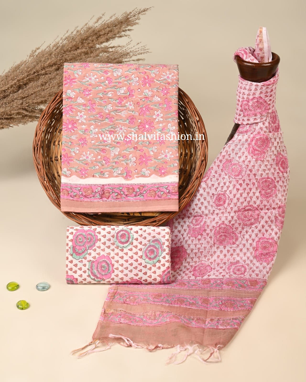 Shop unstitched block printed cotton suits with kota dupatta (3CKD815)