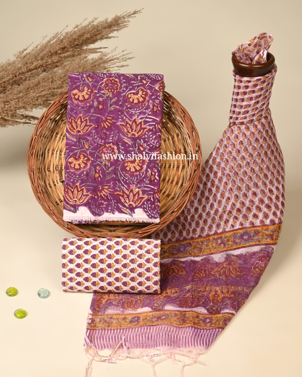 Shop block print cotton suit set with kota doria dupatta (3CKD81)