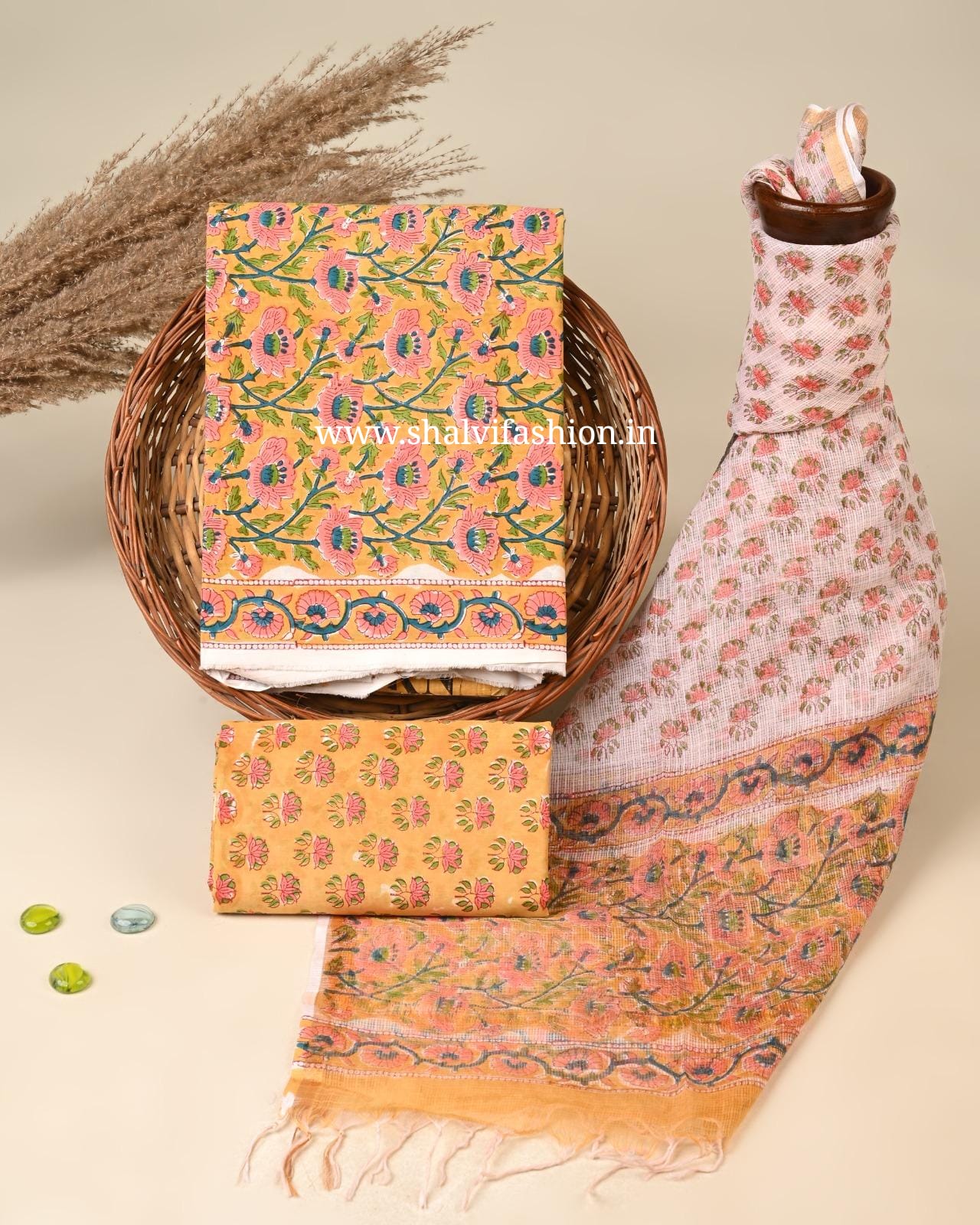 Shop hand block printed cotton suits with kota dupatta (3CKD825)