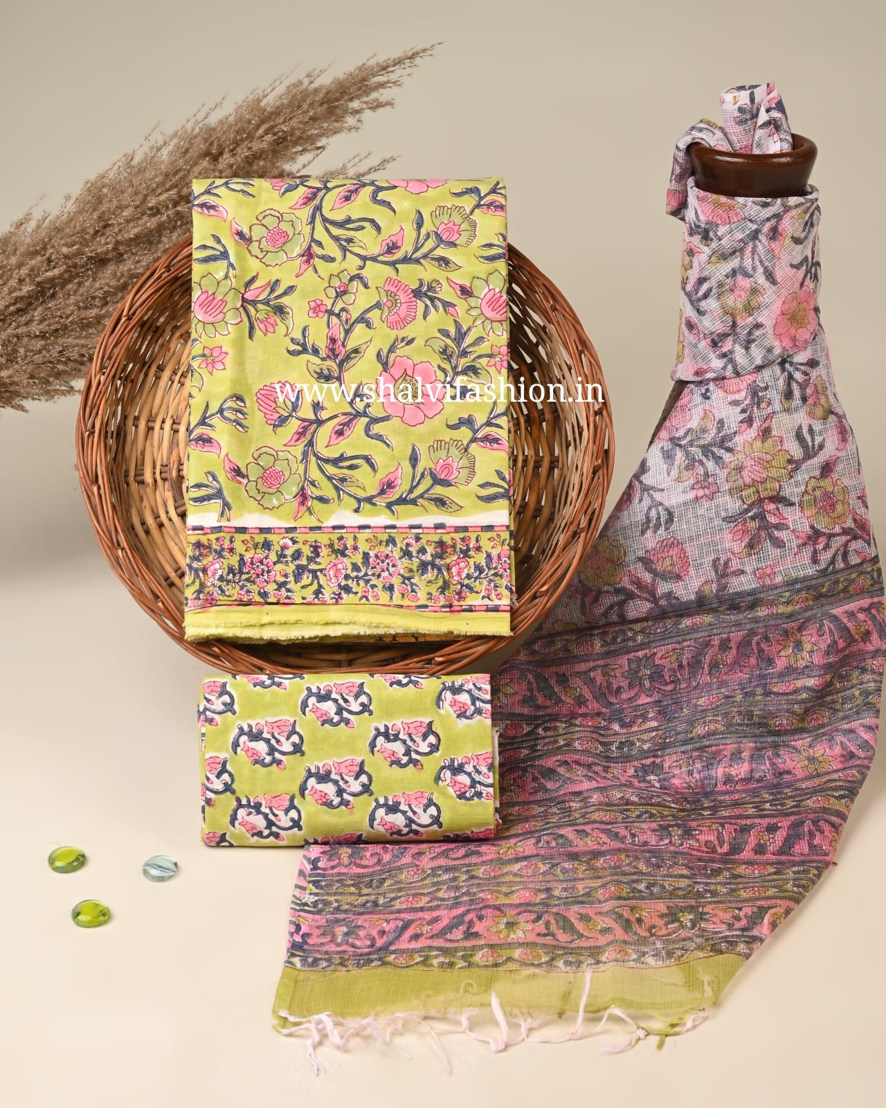 Shop unstitched block print cotton suits with kota dupatta (3CKD828)