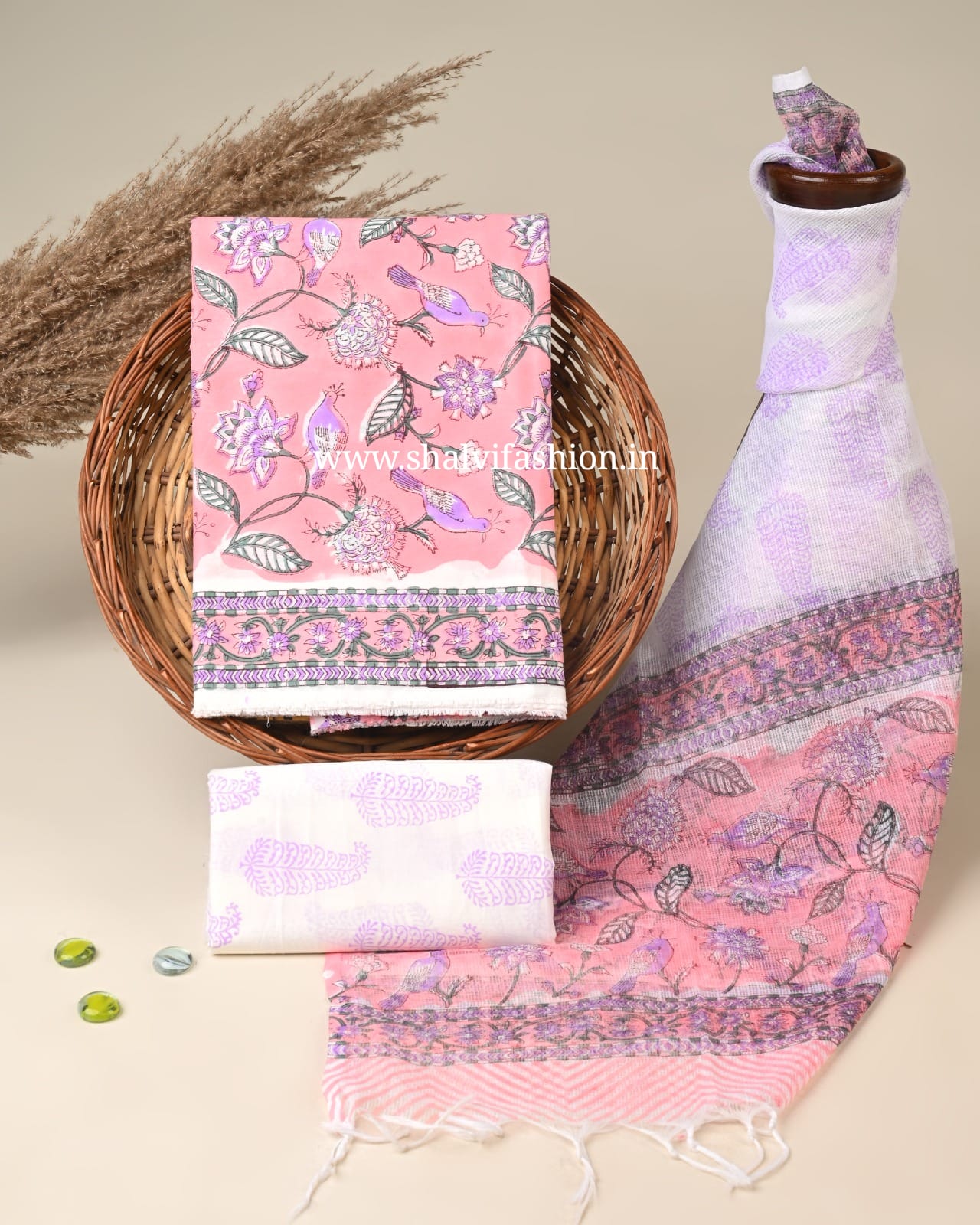 Shop unstitched hand block print cotton suits with kota dupatta in jaipur (3CKD834)