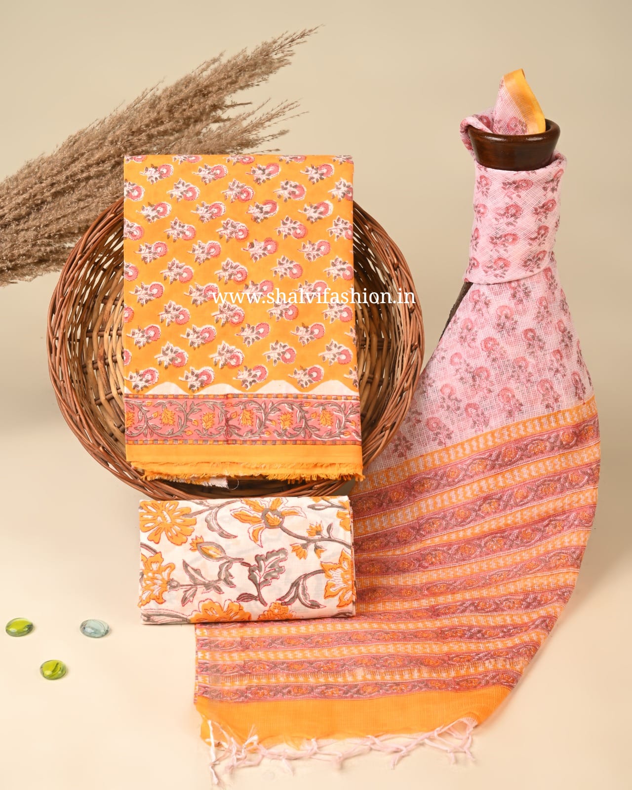 Shop sanganeri print cotton suits with kota dupatta (3CKD838)