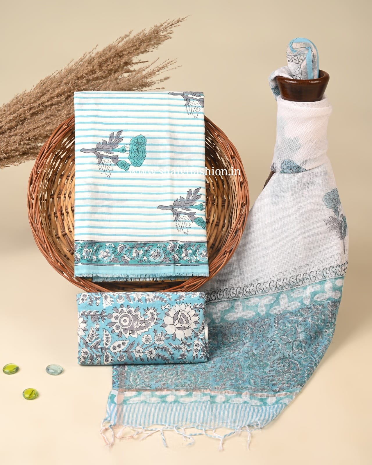 Shop unstitched block print cotton suits with kota dupatta (3CKD842)