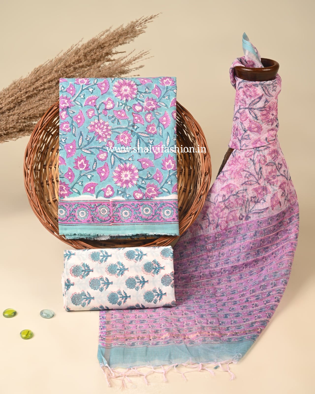 Shop hand block printed cotton suits with kota dupatta (3CKD843)