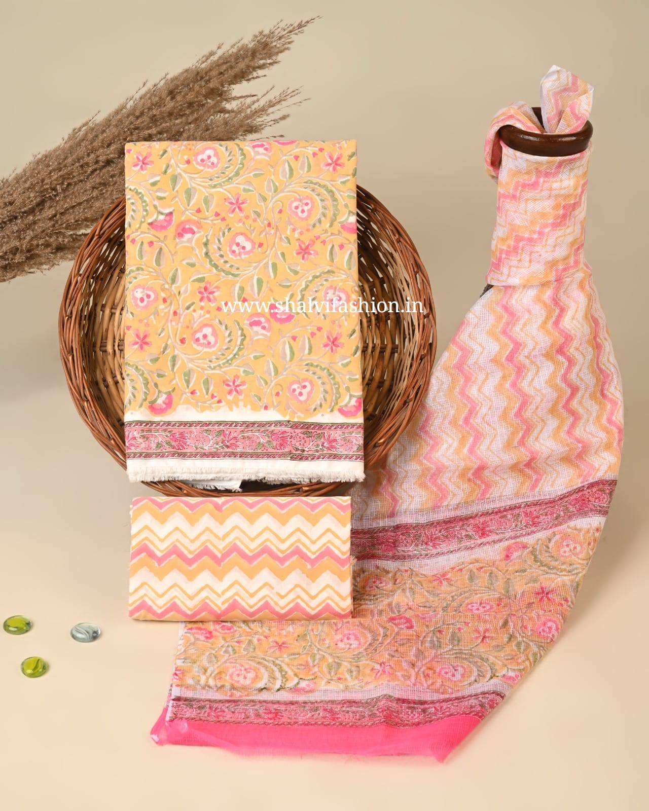 Shop block print cotton suits with kota doria dupatta (3CKD850)