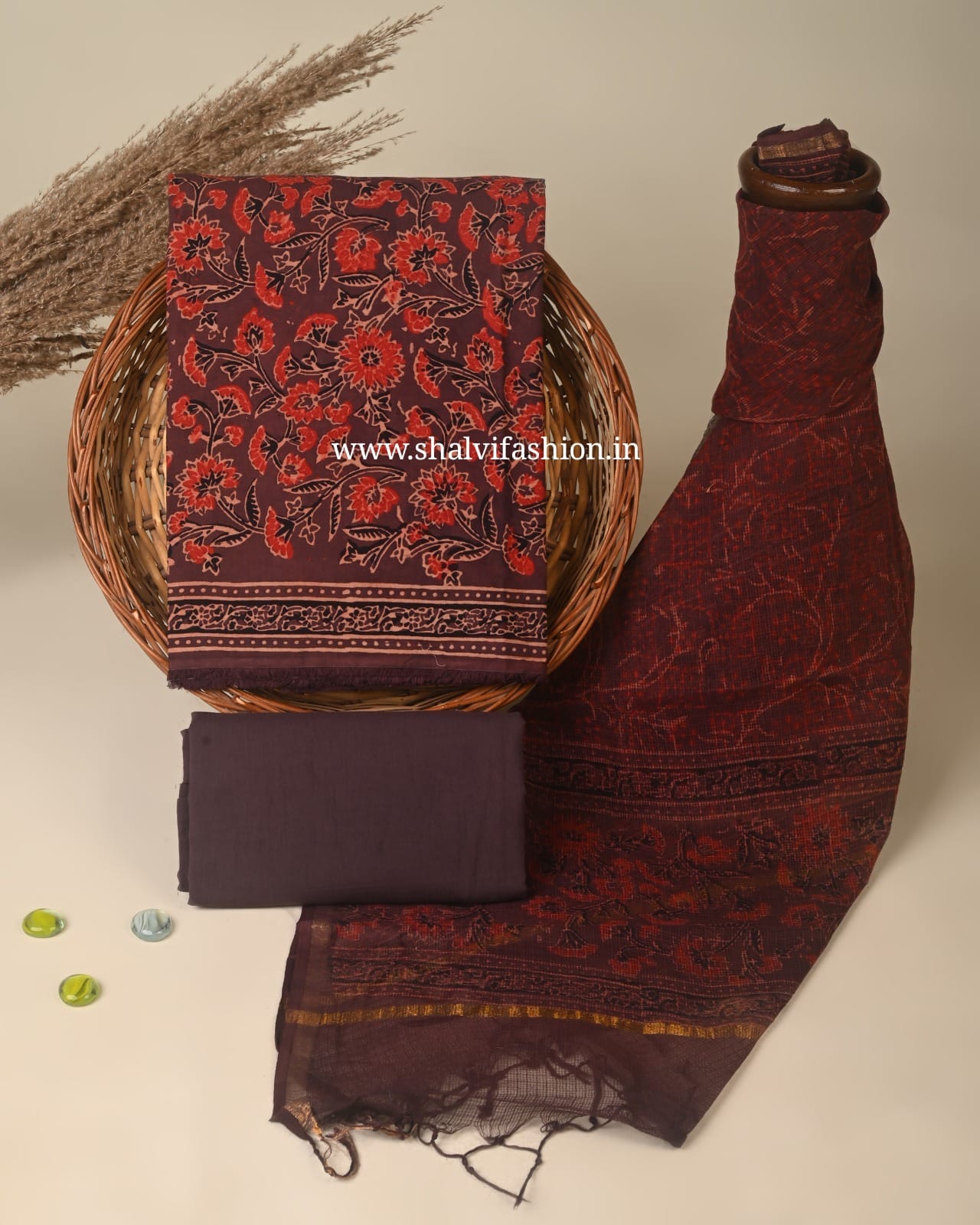 Shop ajrak print cotton suits with kota dupatta (3CKD865)