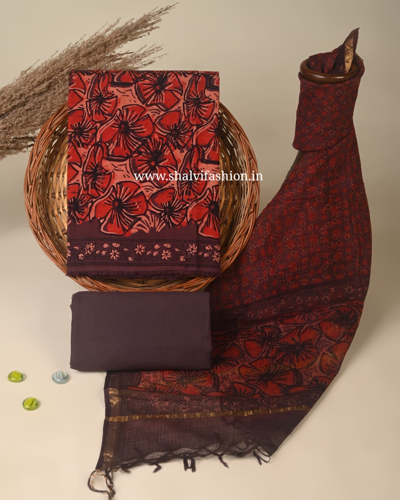 Shop unstitched ajrak print kota dupatta cotton suits (3CKD869)