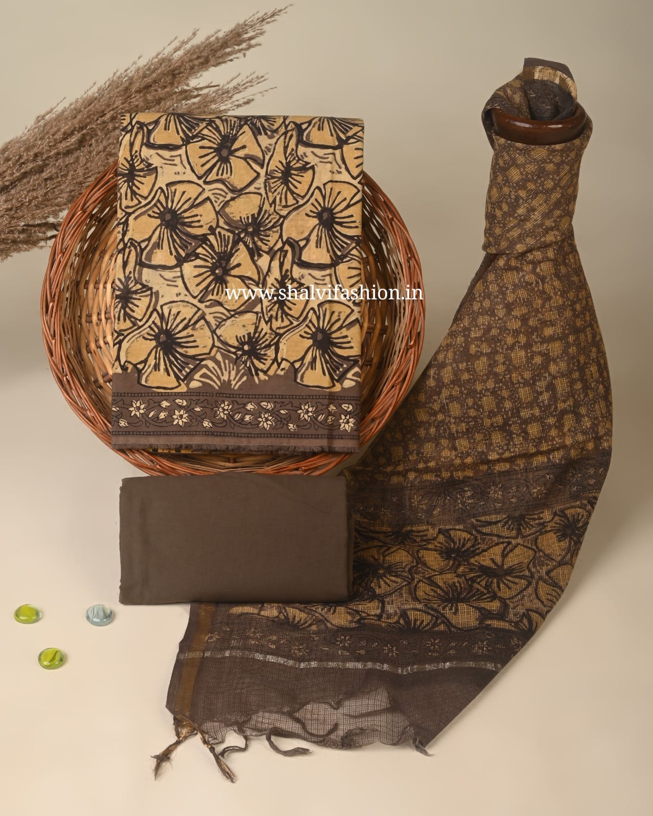 Shop ajrak block print cotton suits with kota dupatta (3CKD870)