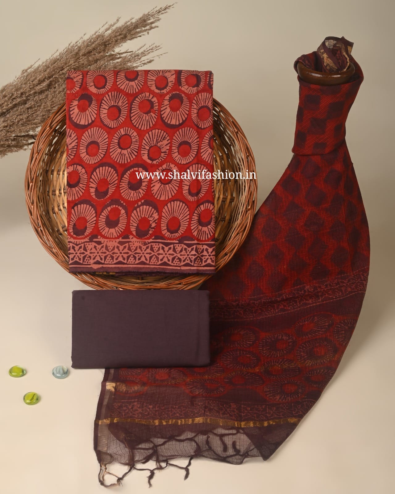 Shop ajrak printed cotton suits with kota dupatta (3CKD871)