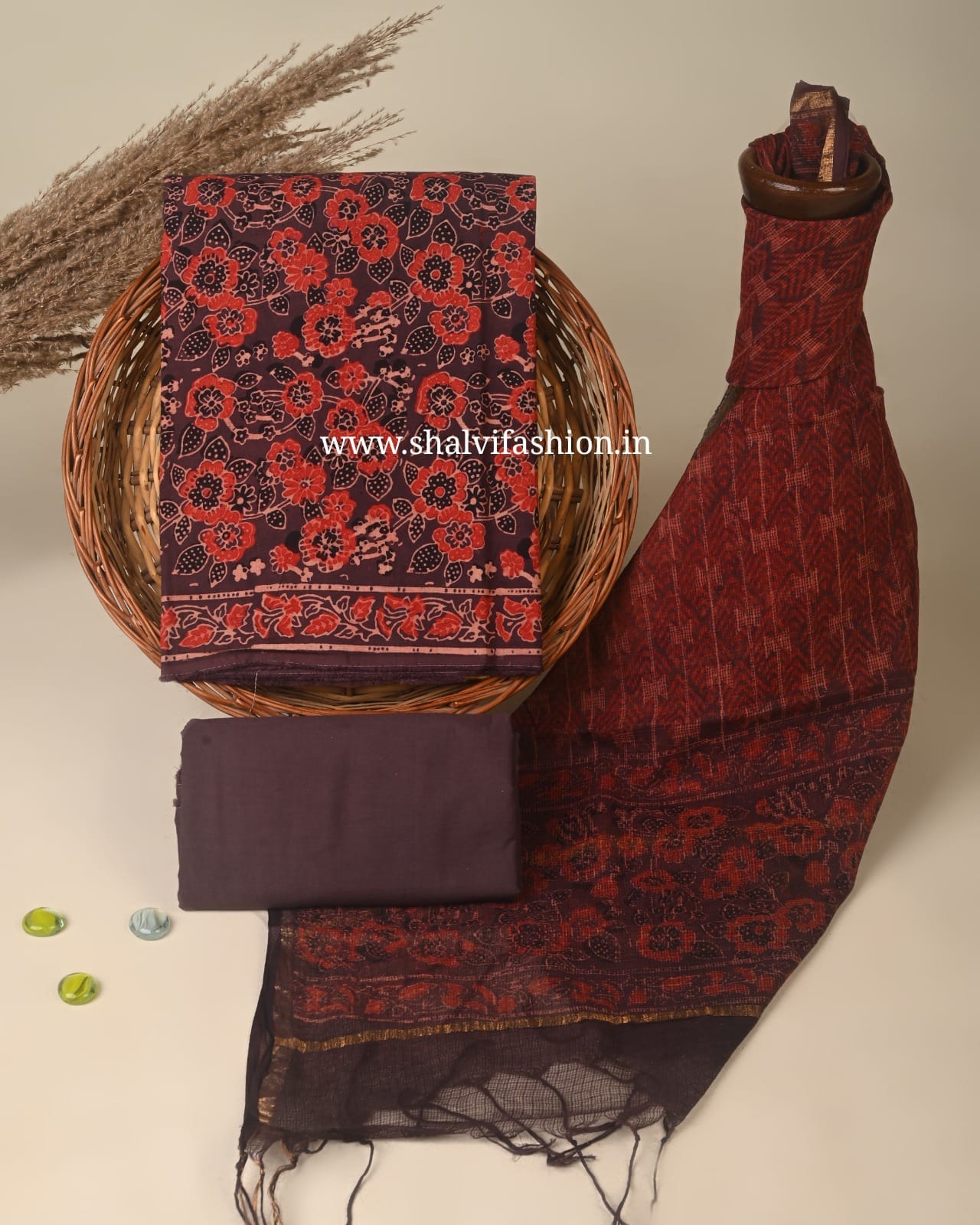 Shop unstitched ajrak print cotton suits with kota dupatta (3CKD874)