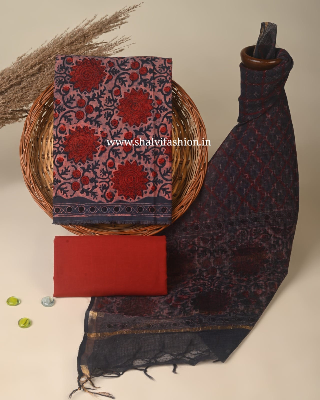 Shop block print cotton suits with kota dupatta (3CKD876)
