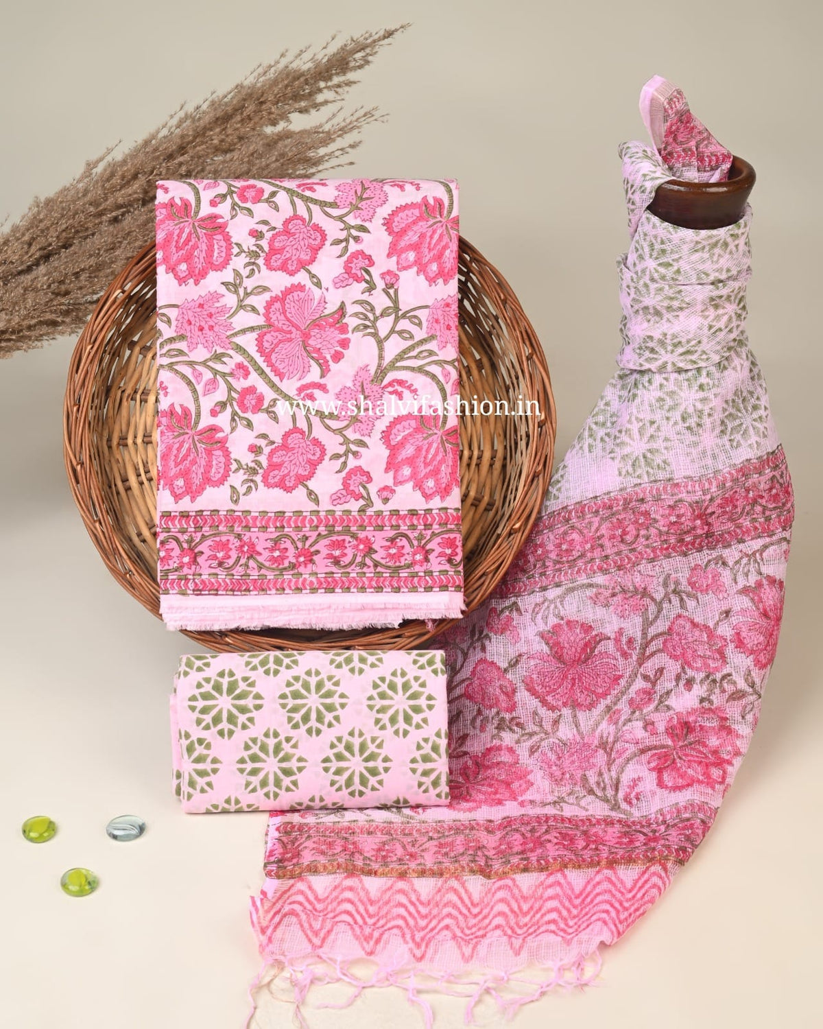 Shop unstitched block print cotton suits with kota dupatta (3CKD880)
