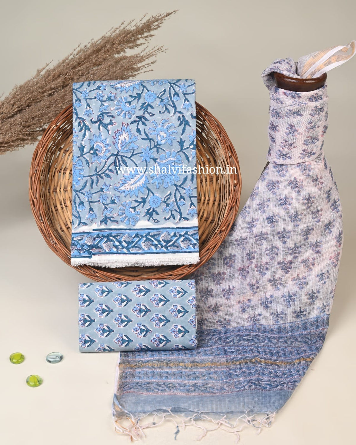 Shop jaipuri block print cotton suits with kota doria dupatta (3CKD883)