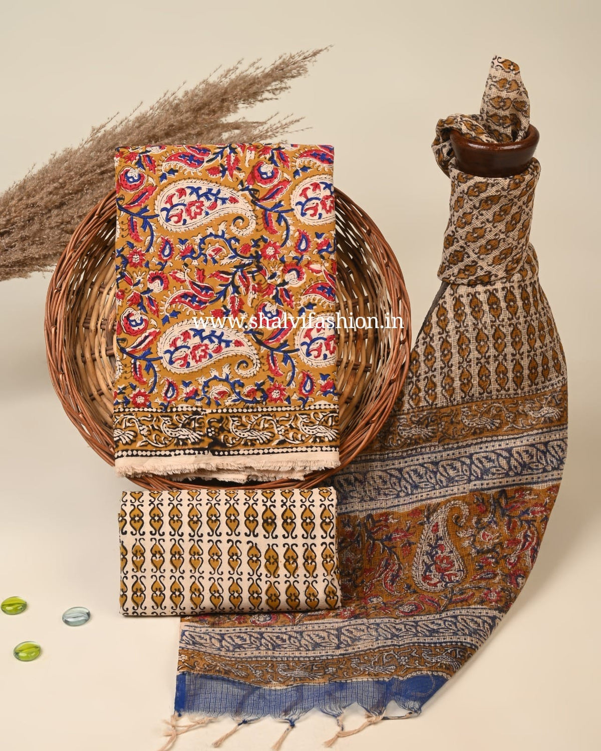 Shop block printed cotton suits with doria dupatta (3CKD887)