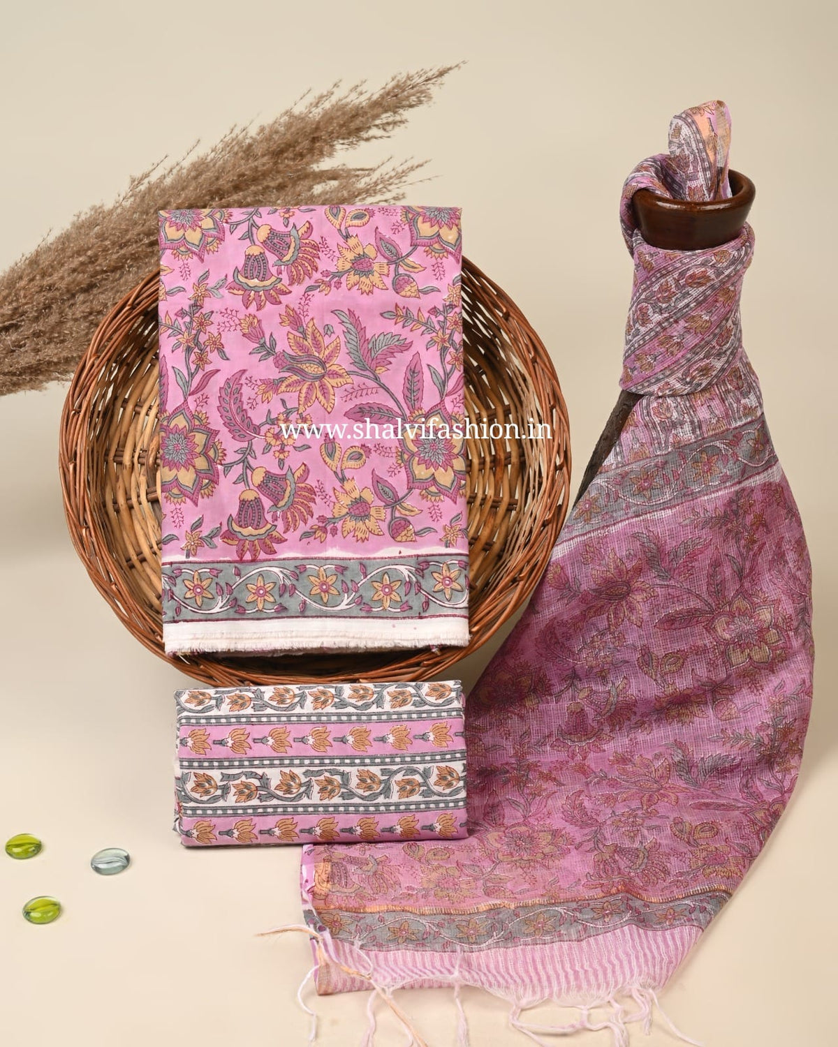 Shop sanganeri printed cotton suits with kota dupatta online (3CKD893)