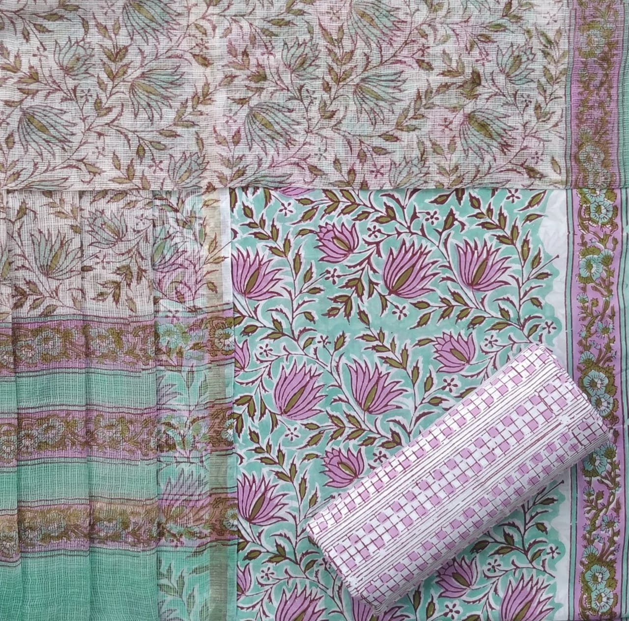 Shop hand block print cotton suit sets with kota doria dupatta (3CKD609)