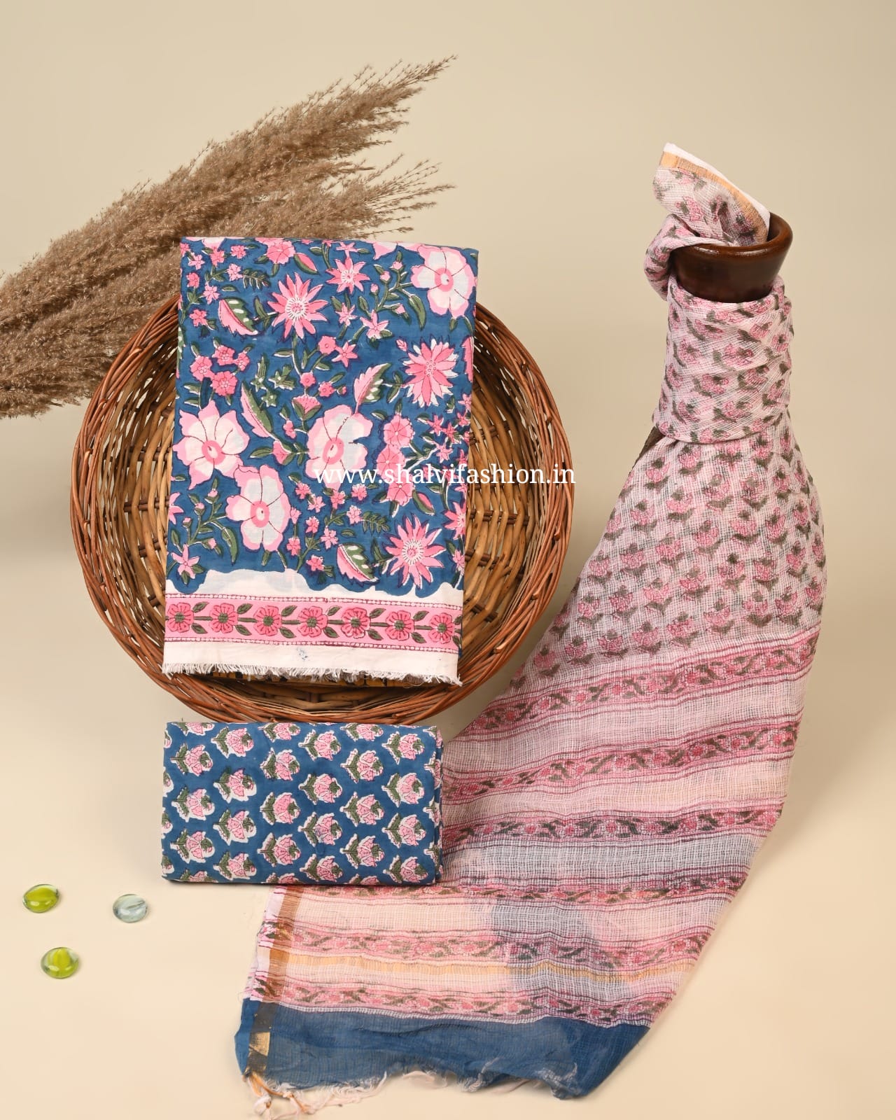 Shop hand block printed cotton suits with doria dupatta (3CKD791)