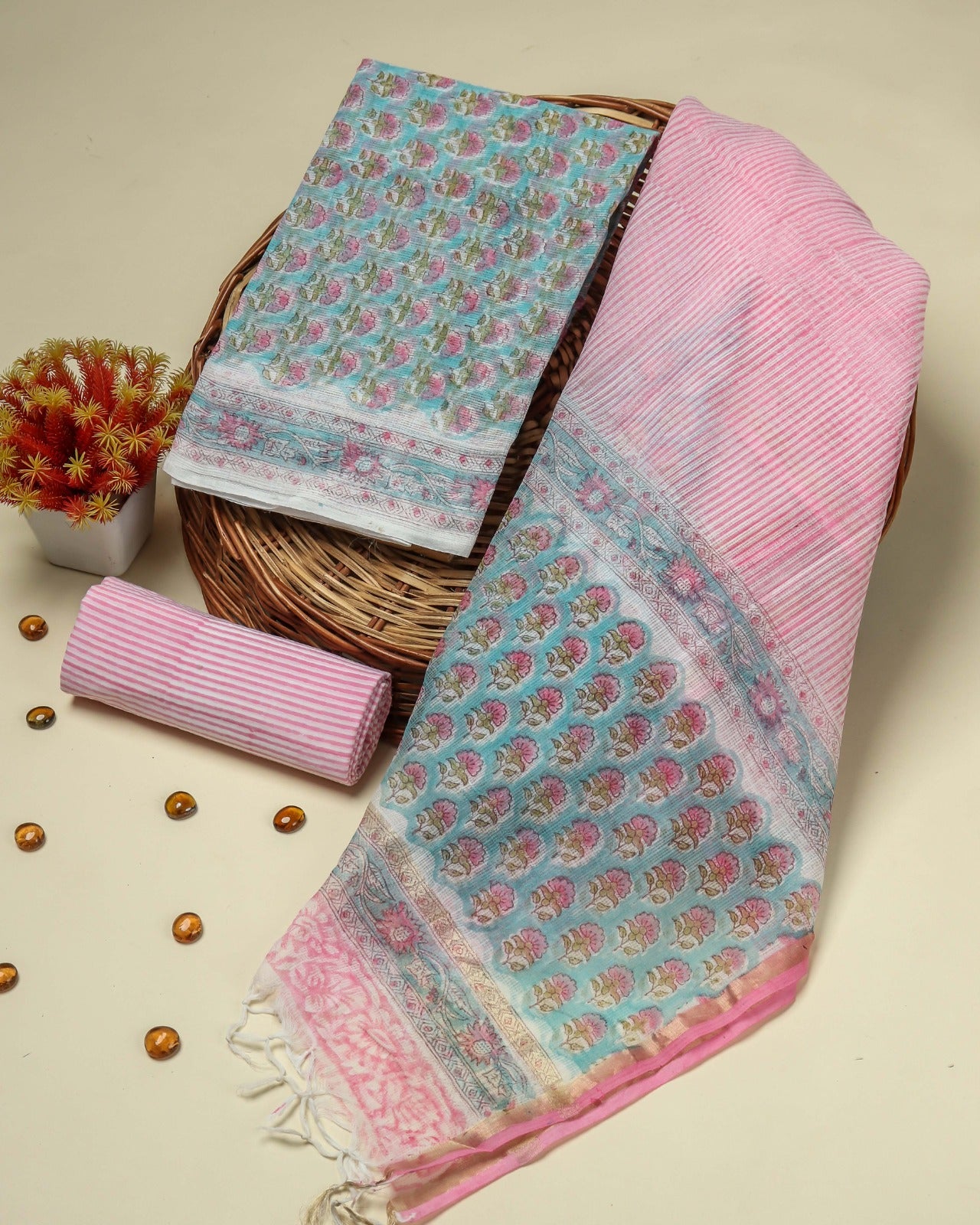 Shop blue buti block print kota doria suits online (3KD100)