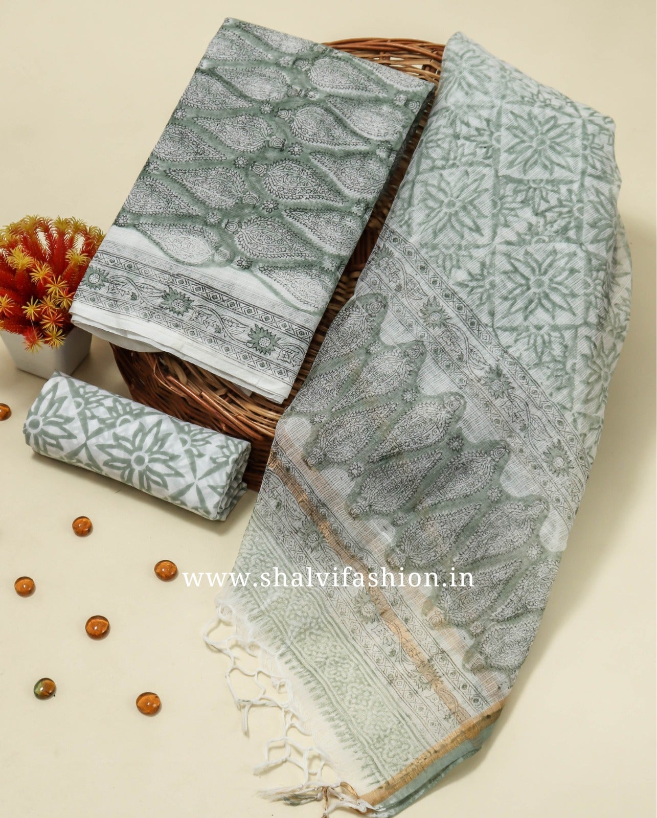 Shop Unstitched Block Print Kota Doria Suit Set (3KD127)