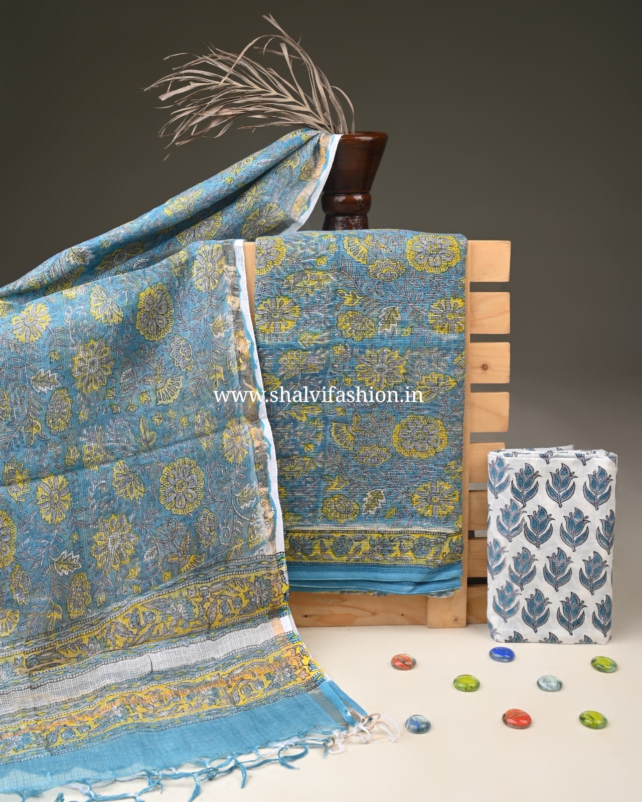 Shop hand block printed kota doria dupatta suits (3KD323)