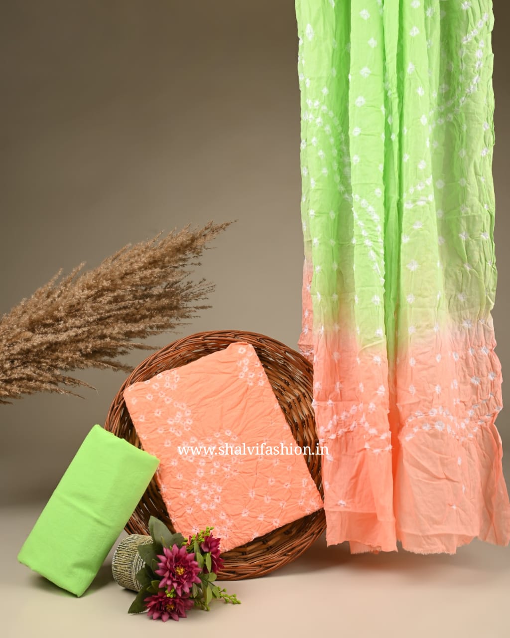 Shop bandhani print cotton suits with mulmul dupatta (BAS35)